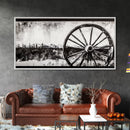 Wagon Wheel, Mountain Landscape, Black and White Western Art, Rustic Home Decor, Framed Canvas Print, Farmhouse Living Room Art