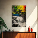 Waterfall Glow, Nature Art, Forest Landscape, Vibrant Painting, Modern Home Decor, Wilderness Retreat, Fall Wall Art, Framed Canvas Print