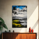 Tropical Beach Scene, Coastal Landscape Art, Black White Blue Yellow, Palm Tree Ocean Decor, Relaxing Home Gift, Framed Canvas Print