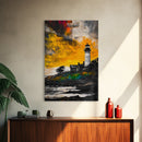 Sunset Lighthouse, Coastal Glow, Nautical Wall Art, Bold Seascape, Beach Home Decor, Warm Tones, Living Room, Canvas Print, Gift Idea