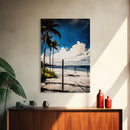 Palm Tree Beach Scene, Vibrant Blue Sky, Tropical Art, Coastal Landscape, Modern Ocean Wall Decor, Summer Home Artwork, Canvas Print