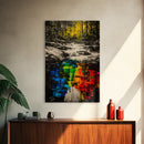 Forest Reflection, Black and White with Vibrant Colors, Abstract Waterfall Painting, Framed Canvas Print, Nature Lover’s Wall Art