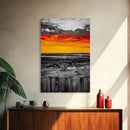 Sunset Landscape, Rustic Fence, Fiery Sky Art, Bold Color Wall Art, Abstract Nature Scene, Canvas Print, Boho Home Decor