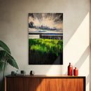 Lakeside Pier, Landscape Painting, Framed Canvas Print, Nature Wall Art, Blue Sky Art, Serene Lake View, Living Room Decor