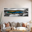 Hot Spring, Geothermal Pool Art, Abstract Nature, Deep Blue and Gold, Black and White Contrast, Unique Wall Decor, Framed Canvas Print