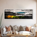 Rocky Shore, Crashing Waves, Black White Blue, Framed Canvas Print, Ocean Wave Painting, Surf Art, Minimalist Coastal Decor