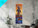 Dolphin Ocean, Sunset Splash, Vibrant marine wall decor Framed Canvas Print, colorful coastal boho art, beach house wall art