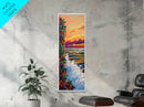 Sunset Waves, Colorful Leaves, Beach Serenity, Framed Canvas Print, vibrant ocean wall decor, boho coastal living room art