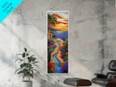 Sunset, Palms, Cactus, Stream - Framed Canvas Print, Tropical Desert Wall Art, Southwest Coastal Decor, Colorful Living Room Boho Painting