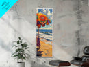 Beach, Umbrella, Waves, Retro Summer Vibes Coastal Framed Canvas Print, Colorful Ocean Wall Art, Beach House Decor, Living Room Art