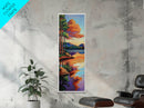 Lake, Pines, Sunset, Art, Framed Canvas Print of forest lakeside at golden hour, tranquil nature art, cozy cabin wall decor, Fall vibes