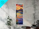 Sunset, Mountain, Reflection, Lake, Framed Canvas Print with vibrant water, dramatic skies, boho living room wall art, nature lover gift