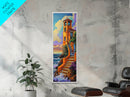 Tower, Steps, Ocean, Chapel, Framed Canvas Print, Vibrant Seaside Wall Art, Entryway Decor, Coastal Sunset Scene