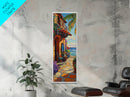 Patio, Ocean, Palm Trees, Tropical Coastal Balcony Framed Canvas Print, Boho Beach House Art, Outdoor Dining Wall Decor, Summer Vibes