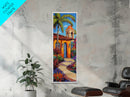 Spanish Villa, Garden, Tropical House Framed Canvas Print, Southwestern Wall Decor, Vibrant Living Room Art, Colorful Home Scene