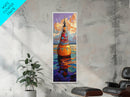 Vibrant Buoy, Sunset Waterscape – Nautical Wall Decor, Coastal Art, Ocean Room Accent, Framed Canvas Print, Colorful Boho Sea Art