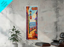 Train Seaside, Pathway Charming — Framed Canvas Print, whimsical travel artwork, Mediterranean street painting, kitchen decor, coastal scene