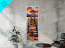 Sunset Pier, Pathway, Landscape, Framed Canvas Print, Coastal Wall Art, Sunset Beach Decor, Living Room Art, Colorful Landscape Painting