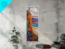 Ocean Cliff, Bloom, Sunset, Canvas Print, colorful coastal painting, fall flower art, boho beach house wall art, living room decor