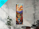 Canyon Sunset, Waterfall Calm, Framed Canvas Print, dramatic mountain wall art, nature inspired living room decor, colorful scenic landscape