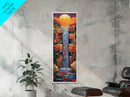 Sunset Waterfall, Flowers Fantasy, Framed Canvas Print, Vibrant landscape art, living room boho decor, magical nature scene