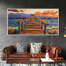 Pier Ocean, Sunset, Vibrant sunset over colorful pier walkway into the sea, Framed Canvas Print, coastal living decor