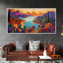 Fantasy Canyon View, Vibrant Mountain Art, Lakeside Sunset, Canvas Print, Mediterranean Decor, Dreamscape Wall Art, Nature Painting