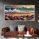 Colorful Ocean, Stones, Framed Canvas Print, Sunset wave beach scene, Living Room Wall Art, coastal decor, boho landscape painting