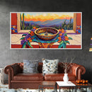 Fountain Sunset Flowers, Serenity, Framed Canvas Print, Southwestern Wall Art, Boho Vibe, Tranquil Home Decor, Kitchen or Entryway Art