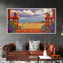 Volleyball Ocean, Sunset, Framed Canvas Print, Vibrant Beach Volleyball Scene, Sporty Coastal Wall Art, Game Room Decor