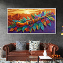 Native Flute, Flowers, Sunset, Framed Canvas Print, Spiritual Native American flute art with flowers and mountains, Boho Wall Art