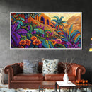 Jungle, Flowers, Adobe, Hillside, Framed Canvas Print tropical wall art, vibrant living room decor, boho jungle scene painting