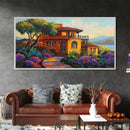 Villa Hillside, Coastal, Colorful, Framed Canvas Print Mediterranean house art, vibrant landscape painting, kitchen boho decor print