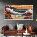 Sunset Surf, Crashing Waves, Coastal Mountains, Canvas Print, Vibrant Seascape Wall Art, Beach House Art, Bathroom Ocean Decor