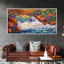 Rainbow, Waterfall, Jungle, Sunset, Framed Canvas Print Tropical boho art, bathroom art, living room decor, floral nature painting