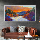 Winter Sunset, Lake, Trees, Framed Canvas Print, Autumn cabin wall art, colorful landscape living room decor, mountain snow painting