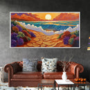 Beach Ocean, Sunrise, Coastal Path, Framed Canvas Print, Vibrant Seaside Art, Bathroom Wall Decor, Nature Landscape, Colorful Waves