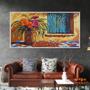 Flowers Pottery, Window, Still Life, Canvas Print, vibrant floral still life wall art, Mexican pottery, rustic kitchen décor