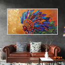 Aztec Warrior, Headpiece, Art, Framed Canvas Print, Indigenous feather headdress wall decor, bold bohemian accent, office statement