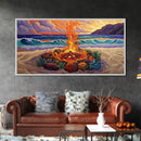 Beach Campfire, Sunset, Tropical Vibes, island evening Canvas Print, fall boho decor, colorful beach firepit living room wall art