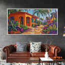 Villa, Palm Trees, Pathway, Lush Garden, warm tropical Canvas Print, boho patio decor, summer bungalow living room wall art