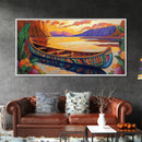 Canoe Tropical, Sunset Reflections, Serene Waters, exotic island Framed Canvas Print, tranquil boho decor, lakehouse wall art