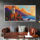 Lighthouse Ocean, Sunset, Cliff, Coastal lighthouse Canvas Print, living room seascape painting, nautical wall decor, sunset vibes art