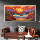 Sunset Waves, Rocks, Framed Canvas Print, Vibrant ocean sunset, crashing waves cliffs painting, Coastal Decor, Beach House Wall Art