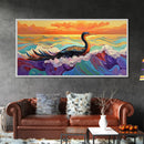 Ocean Bird, Sunset, Framed Canvas Print, Vibrant seabird in waves sunset seascape painting, Colorful Coastal Decor, Bathroom Wall Art