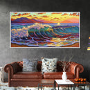 Waves Surf, Sunset, Framed Canvas Print, Colorful crashing wave with glowing sunset sky, Coastal Surfer Decor, Beach House Wall Art