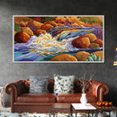 Autumn River, Rocks, Splash, Framed Canvas Print, colorful waterfall painting, nature wall art, rustic cabin decor, landscape art