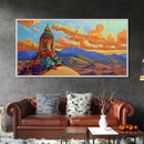 Tower Mountains, Sky, Clouds, Canvas Print, whimsical turret landscape, pastel sky art, colorful fantasy decor, study wall art