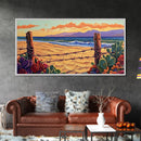 Beach Cactus, Fence, Framed Canvas Print, Vibrant Desert Beach Landscape, Colorful Boho Western Decor, Southwestern Living Room Art