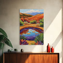 Pond Reflection, Nature, Desert, Framed Canvas Print tranquil desert pond painting, colorful reflection landscape art,  entryway wall decor